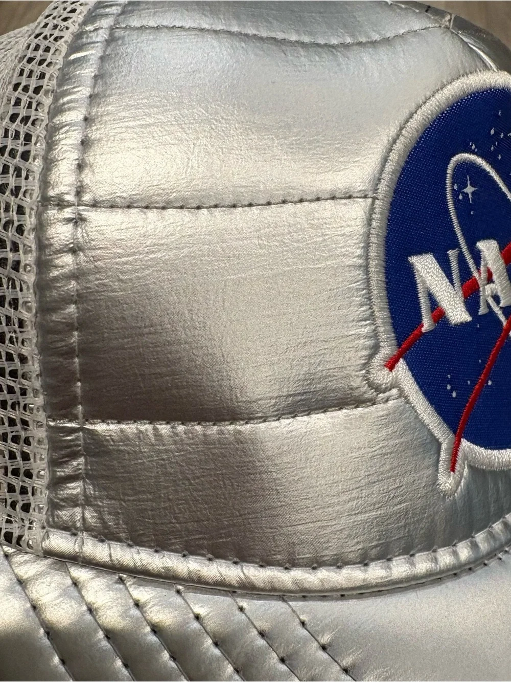 NASA Space Logo Embroidered Silver Shiny Trucker Hat Cap White Mesh SnapBack